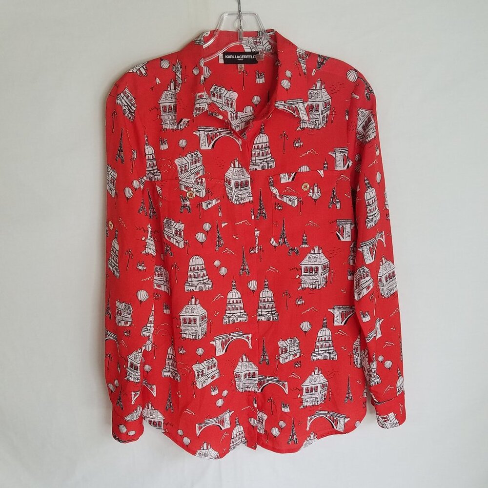 NEW Karl Lagerfeld Paris Eiffel Tower Red Button Up Blouse Top Women's XS NWOT